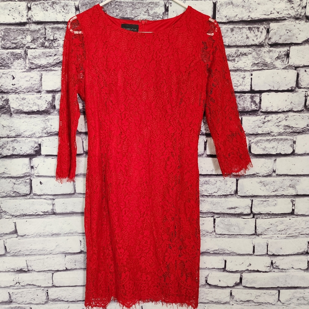 Red Lace Overlay Long Sleeved Dress - S